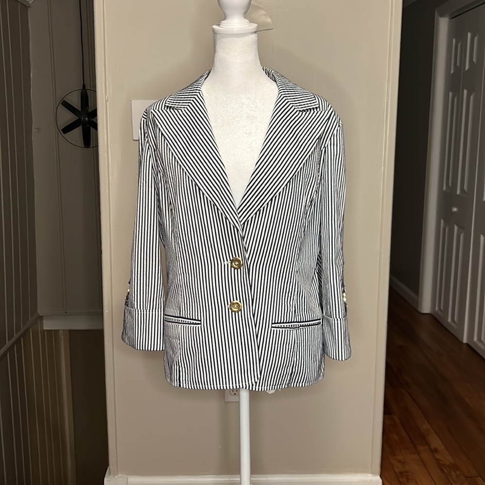 St. John Blazer Jacket Cotton Blend Seersucker Striped White and Blue Size 12